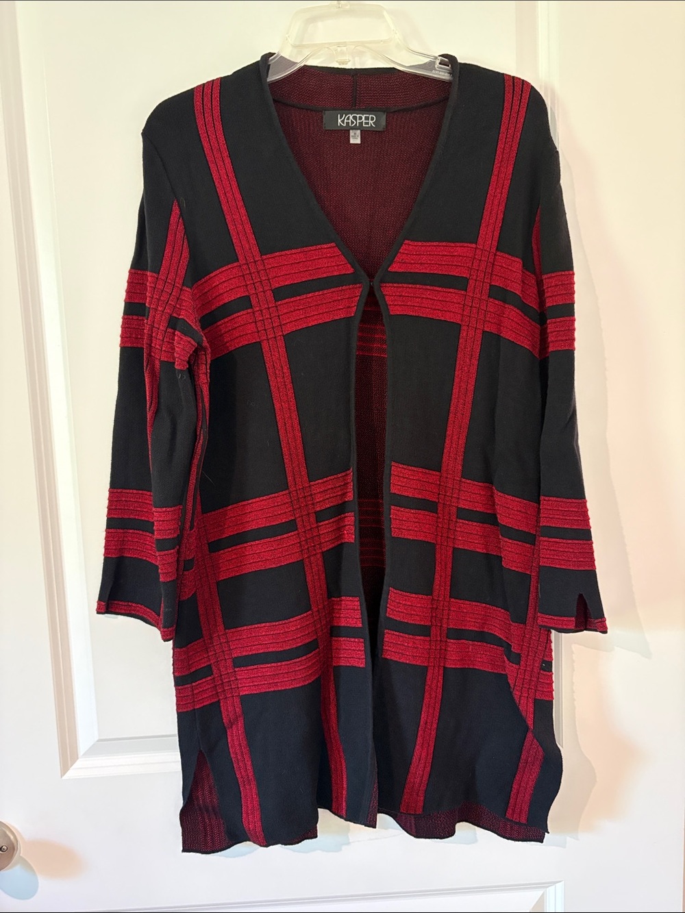 Kasper Black with Red Plaid Open-Front Cardigan